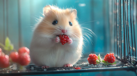A hamster with fluffy white fur enjoying a small treat of berries in its cage.の素材
