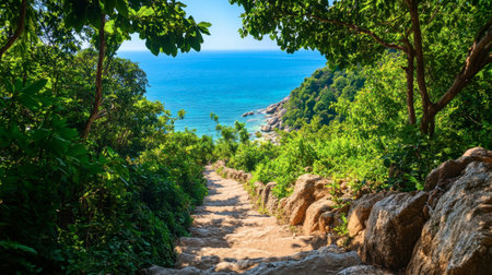 Hiking trail leading up to a scenic viewpoint in Koh Tao, surrounded by lush green foliage and offering stunning ocean views.の素材