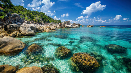 Crystal-clear waters washing up on the rocky coastline of Shark Bay in Koh Tao, offering stunning snorkeling opportunities.の素材