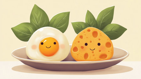 A charming cartoon of a basil leaf character and a fried egg character sitting on a plate, happily waiting to be eaten.の素材