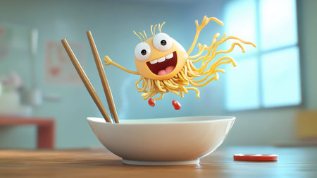 A fun cartoon of a noodle character jumping from a bowl into the air, chopsticks ready to catch it.の素材