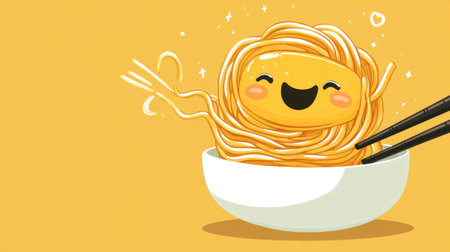 A fun cartoon of a happy noodle character twirling itself around chopsticks, ready to be eaten.の素材