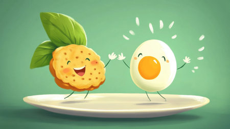 A fun cartoon of a basil leaf character and a fried egg character high-fiving on a plate, celebrating deliciousness.の素材