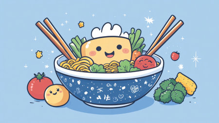 A kawaii cartoon noodle bowl with chopsticks, surrounded by happy, colorful veggies and a smiling broth.の素材