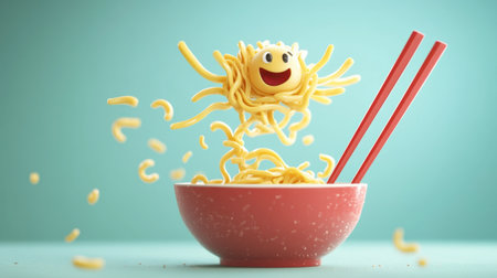 A fun cartoon of a noodle character jumping from a bowl into the air, chopsticks ready to catch it.の素材