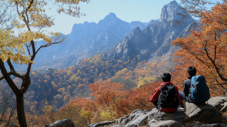 A tranquil moment at the scenic Jirisan National Park, with hikers enjoying the stunning mountain views.の素材