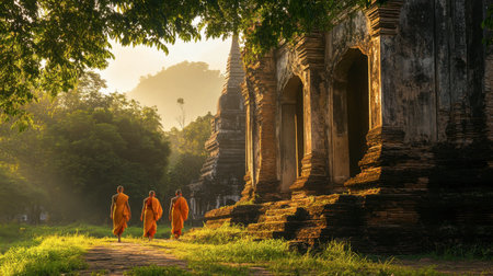 A group of monks walking through the ancient ruins of Wat Chedi Luang, bathed in early morning light.の素材