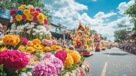 A lively parade during the Chiang Mai Flower Festival, with floats adorned in vibrant floral arrangements.の素材