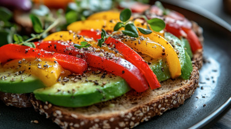 A vibrant bell pepper and avocado toast on whole grain bread, beautifully plated and garnished, showcasing a trendy healthy meal option.の素材