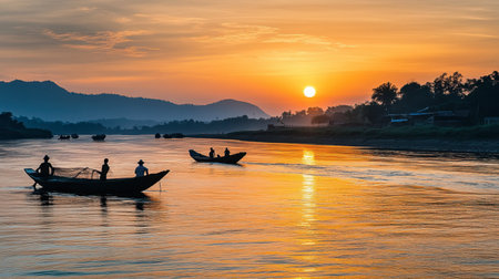 A sunset view over the Mekong River at Khong Jiam, with fishermen casting nets and boats floating peacefully.の素材
