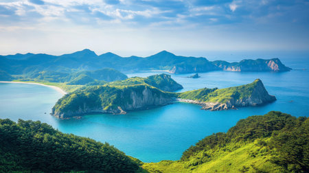 A tranquil moment at the scenic Hallyeohaesang National Park, with its beautiful islands and coastlines.の素材