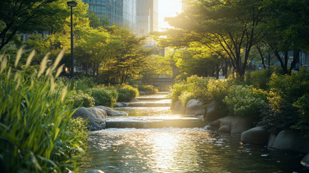 A tranquil moment at the scenic Cheonggyecheon Stream in downtown Seoul, surrounded by modern architecture and lush greenery.の素材