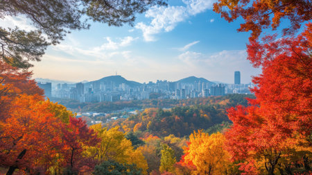 A vibrant view of the colorful fall foliage at Namsan Park, attracting nature lovers and photographers alike.の素材