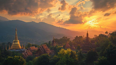 A vibrant sunset over the hills and temples of Chiang Mai, with golden light illuminating the city.の素材