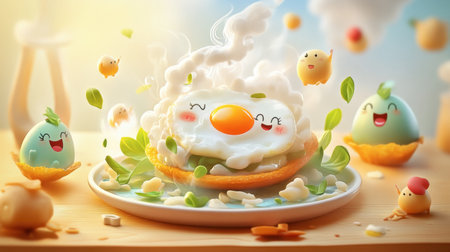 A whimsical cartoon of stir-fried basil and a fried egg on a plate, with steam rising and happy food characters all around.の素材