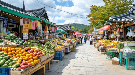 A vibrant scene of the traditional Korean markets in Gyeongju, filled with local produce and unique crafts.の素材