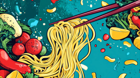 A whimsical cartoon of noodles swirling around chopsticks, with bright and colorful vegetables joining in the fun.の素材