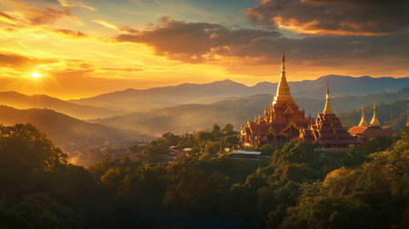 A vibrant sunset over the hills and temples of Chiang Mai, with golden light illuminating the city.の素材