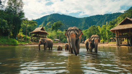 An elephant sanctuary in Chiang Mai, where visitors interact with rescued elephants in a natural environment.の素材
