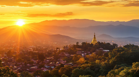 A vibrant sunset over the hills and temples of Chiang Mai, with golden light illuminating the city.の素材