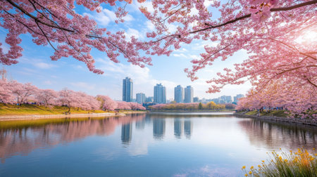 Cherry blossoms in full bloom at the picturesque Yeouido Park in Seoul, attracting visitors for picnics and photography.の素材