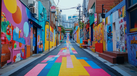 A vibrant street filled with colorful murals and art installations in the artistic district of Hongdae.の素材