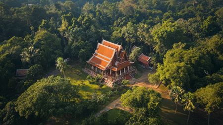 Aerial view of Wat Nong Pah Pong temple nestled in the serene forest of Ubon Ratchathani.の素材