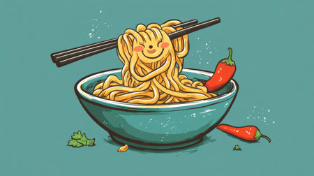 A whimsical cartoon of a noodle bowl, with the noodles forming a fun spiral and smiling chilies on the side.の素材