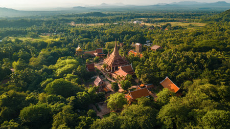 Aerial view of Wat Nong Pah Pong temple nestled in the serene forest of Ubon Ratchathani.の素材