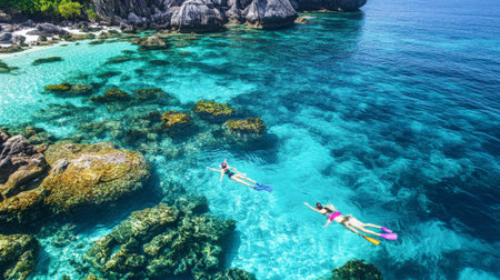 Snorkelers swimming in the crystal-clear waters of the Similan Islands, surrounded by colorful coral reefs.の素材