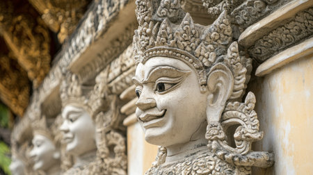 Close-up of the detailed sculptures adorning Wat Pha Nam Yoi, showcasing the craftsmanship and artistry of the temple.の素材