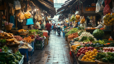 The bustling local market of Trang, with fresh produce, seafood, and local delicacies.の素材