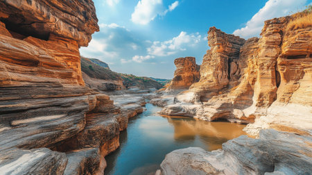 The beautiful natural formations of the Sam Phan Bok canyon, with the Mekong River winding through the rocks.の素材