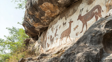 The ancient prehistoric rock paintings at Pha Taem, showcasing figures and animals etched in stone.の素材