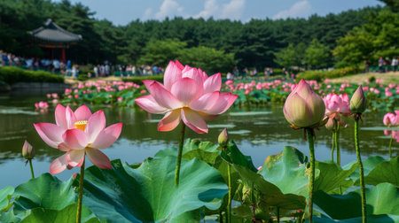 The beautiful lotus flowers blooming in the ponds of the Seoul Forest, creating a serene environment for visitors.の素材