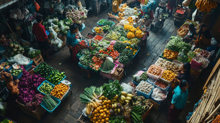 The bustling energy of the Warorot Market, with locals buying and selling fresh produce, flowers, and traditional foods.の素材