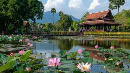 The beautiful lotus ponds and flower gardens at the Royal Park Rajapruek, a popular tourist destination in Chiang Mai.の素材