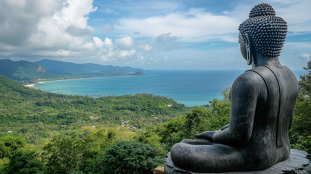 The breathtaking view of the Andaman Sea from the Big Buddha statue in Phuket.の素材