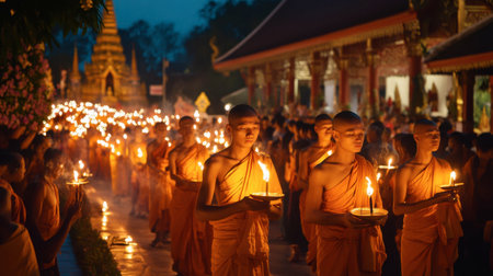 The colorful candle-lit procession at Wat Phra That Nong Bua during a Buddhist festival, with monks and worshippers carrying candles.の素材