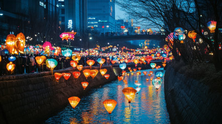 The colorful and lively atmosphere of the Seoul Lantern Festival along the Cheonggyecheon Stream.の素材