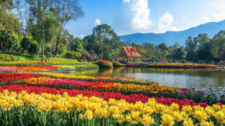 The colorful flower displays at the Royal Park Rajapruek, a popular garden attraction in Chiang Mai.の素材