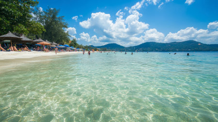 The clear waters and sandy shores of Patong Beach, with tourists relaxing under beach umbrellas.の素材