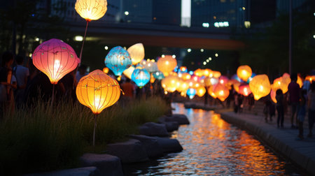The colorful and lively atmosphere of the Seoul Lantern Festival along the Cheonggyecheon Stream.の素材
