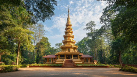 The grand Chedi Si Maha Pho at Wat Nong Pah Pong, standing tall among towering trees and tranquil surroundings.の素材