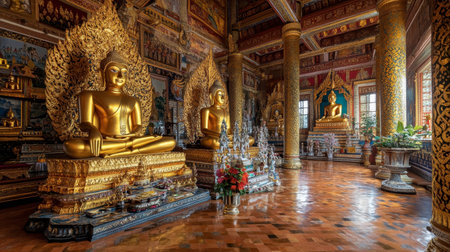 The golden Buddha statues and intricate carvings inside Wat Phra That Doi Kham, a temple high in the hills of Chiang Mai.の素材