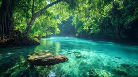 The emerald-green waters of the Emerald Pool in Krabi, surrounded by lush jungle.の素材