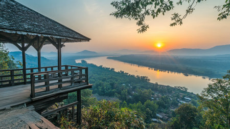 The famous sunrise viewpoint at Pha Taem National Park, with panoramic views of the Mekong River and beyond.の素材