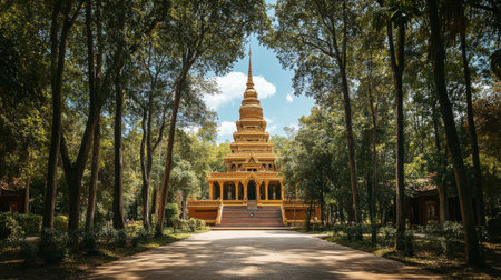 The grand Chedi Si Maha Pho at Wat Nong Pah Pong, standing tall among towering trees and tranquil surroundings.の素材