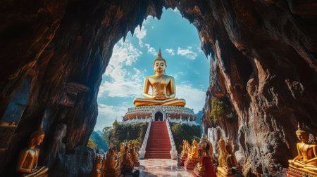 The grand Phra Buddha Rattana Mongkol Maha Muni, a sacred golden Buddha statue, towering over Wat Phra That Na Dun.の素材