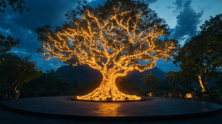 The illuminated Tree of Life mural at Phu Prao Temple during nighttime, casting an ethereal glow.の素材